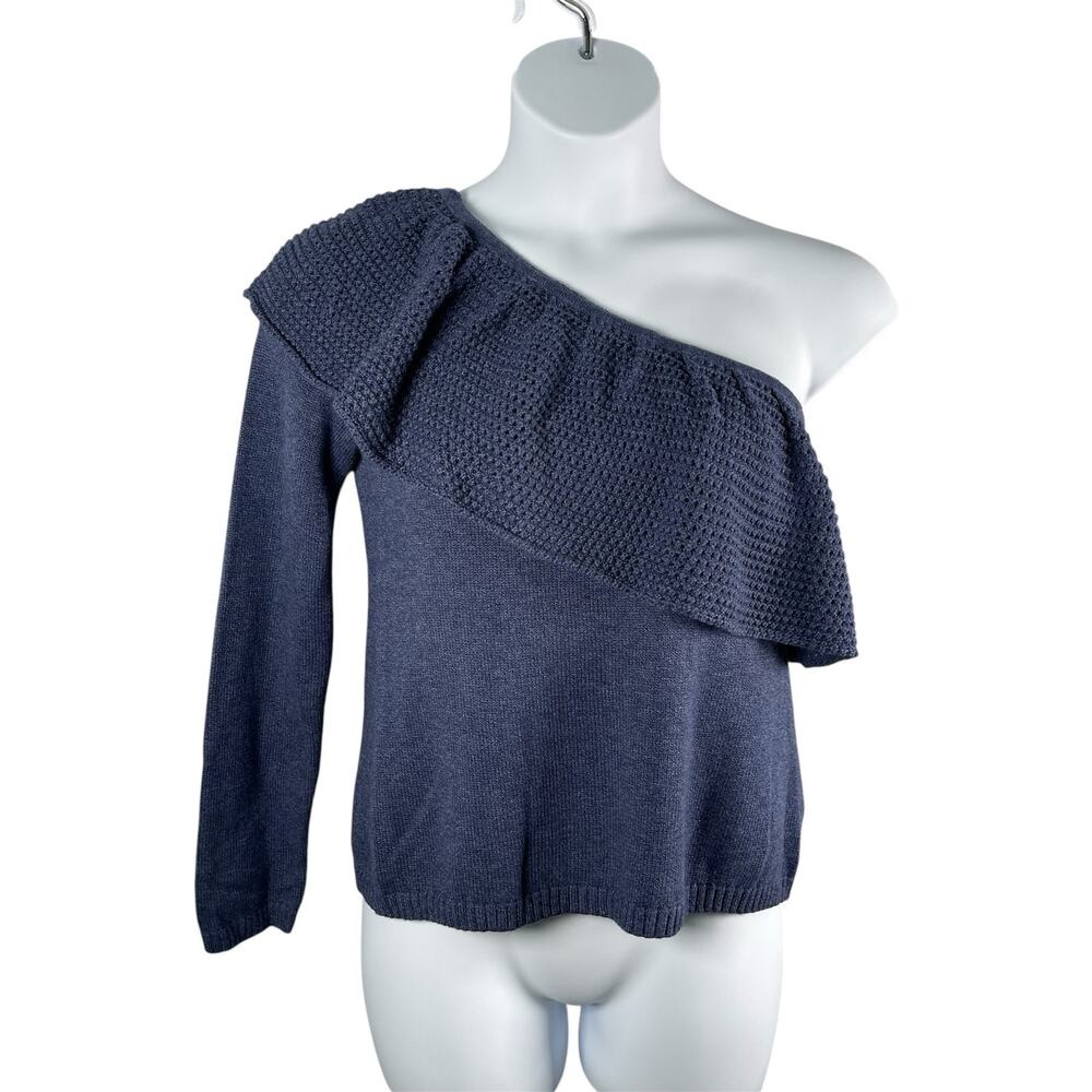 Ella Moss Knit Top Xl Ruffle Asymmetric One Shoulder Silk Cotton Blue Cropped